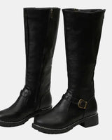 Annika | Damen Kniehohe Stiefel Schnalle Reißverschluss Kunstleder in Schwarz