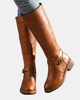 Annika | Damen Kniehohe Stiefel Schnalle Reißverschluss Kunstleder in Braun