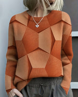 Nora | Damen Knit Sweater Geometrisches Muster Rundhals Langarm Pullover in Orange