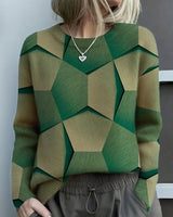 Nora | Damen Knit Sweater Geometrisches Muster Rundhals Langarm Pullover in Grün