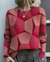 Nora | Damen Knit Sweater Geometrisches Muster Rundhals Langarm Pullover in Rot