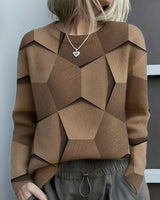 Nora | Damen Knit Sweater Geometrisches Muster Rundhals Langarm Pullover in Braun