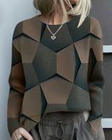 Nora | Damen Knit Sweater Geometrisches Muster Rundhals Langarm Pullover in Schwarz
