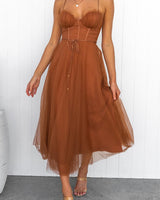 Damen Korsett-Midikleid mit Herzausschnitt und Tüllrock in Rostbraun