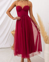 Damen Korsett-Midikleid mit Herzausschnitt und Tüllrock in Weinrot