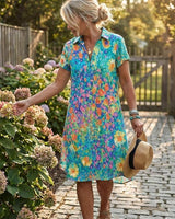Damen Kurzarm Hemdkleid mit Polokragen und Blumenmuster in Grün mit Blumenmuster