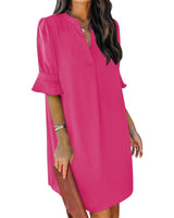 Damen Kurzarm Kleid mit V-Ausschnitt und Ausgestellten Ärmeln in Rosa