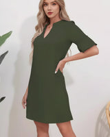 Damen Kurzarm Kleid mit V-Ausschnitt und Ausgestellten Ärmeln in Grün