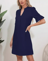 Damen Kurzarm Kleid mit V-Ausschnitt und Ausgestellten Ärmeln in Marineblau