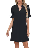 Damen Kurzarm Kleid mit V-Ausschnitt und Ausgestellten Ärmeln in Schwarz