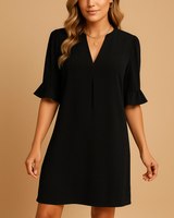 Damen Kurzarm Kleid mit V-Ausschnitt und Rüschenärmeln in Schwarz