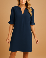 Damen Kurzarm Kleid mit V-Ausschnitt und Rüschenärmeln in Marineblau