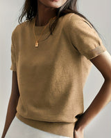 Elisabeth | Damen Kurzarm Knit Sweater Top Rundhals lockere Passform in Erdgold