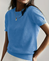 Elisabeth | Damen Kurzarm Knit Sweater Top Rundhals lockere Passform in Blau