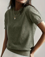 Elisabeth | Damen Kurzarm Knit Sweater Top Rundhals lockere Passform in Oliv