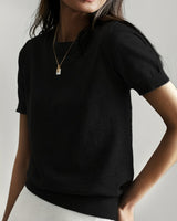 Elisabeth | Damen Kurzarm Knit Sweater Top Rundhals lockere Passform in Schwarz