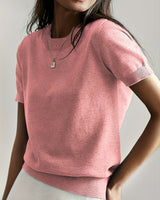Elisabeth | Damen Kurzarm Knit Sweater Top Rundhals lockere Passform in Rosa