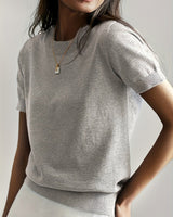 Elisabeth | Damen Kurzarm Knit Sweater Top Rundhals lockere Passform in Hellgrau