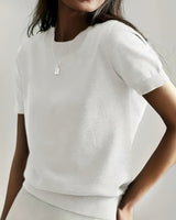 Elisabeth | Damen Kurzarm Knit Sweater Top Rundhals lockere Passform in Weiß