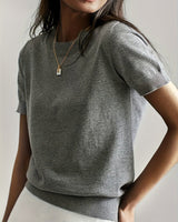 Elisabeth | Damen Kurzarm Knit Sweater Top Rundhals lockere Passform in Grau