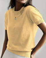 Elisabeth | Damen Kurzarm Knit Sweater Top Rundhals lockere Passform in Gelb