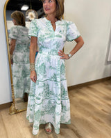 Damen Kurzarm Maxikleid mit Kerbausschnitt geraffter Taille Stufenrock und Druckmuster in Grün