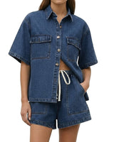 Damen Kurzarmhemd und Shorts Set mit Brusttaschen und Kordelzug in Blau
