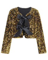 Damen Kurze Jacke mit Paillettenoberfläche und Schleifen in Gelb