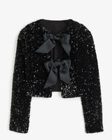 Damen Kurze Jacke mit Paillettenoberfläche und Schleifen in Schwarz