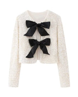 Damen Kurze Jacke mit Paillettenoberfläche und Schleifen in Weiß