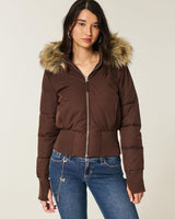 Damen Kurze Steppjacke mit Fellkapuze Frontreißverschluss und langen Ärmeln in Braun