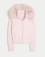 Damen Kurze Steppjacke mit Fellkapuze Frontreißverschluss und langen Ärmeln in Rosa