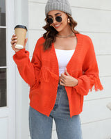Damen Kurze Strickjacke mit Offener Front Fransenbesatz an den Ärmeln und Rippstrick Muster in Orange