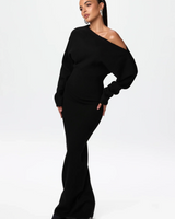 Damen Langärmliges Strick-Maxikleid mit Asymmetrischem Schulterausschnitt in Schwarz