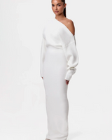 Damen Langärmliges Strick-Maxikleid mit Asymmetrischem Schulterausschnitt in Weiß