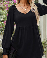 Nora | Damen Langarm Babydoll-Tunika V-Ausschnitt gerüschter Saum in Schwarz