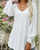Nora | Damen Langarm Babydoll-Tunika V-Ausschnitt gerüschter Saum in Weiß