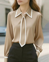 Emilia | Damen Langarm-Bluse mit Kontrastpaspel abnehmbarer Krawatte Knopfleiste in Beige