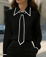 Emilia | Damen Langarm-Bluse mit Kontrastpaspel abnehmbarer Krawatte Knopfleiste in Schwarz