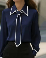 Emilia | Damen Langarm-Bluse mit Kontrastpaspel abnehmbarer Krawatte Knopfleiste in Marineblau