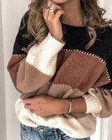 Damen Langarm Farbblock Pullover mit Rundkragen und horizontalen Streifen in Braun