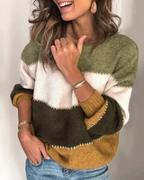 Damen Langarm Farbblock Pullover mit Rundkragen und horizontalen Streifen in Gelb