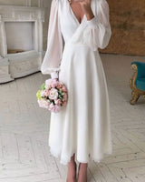 Sophie | Damen Langarm Fließendes Brautkleid V-Ausschnitt Midi Chiffon in Weiß