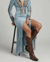 Emilia | Damen Langarm Fransen-Abendkleid Western Maxi mit V-Ausschnitt in Blau