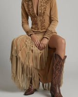 Emilia | Damen Langarm Fransen-Abendkleid Western Maxi mit V-Ausschnitt in Hellbraun