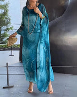 Leonie | Damen Langarm-Maxikleid fließend Rundhals festlich elegant in Blau