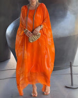 Leonie | Damen Langarm-Maxikleid fließend Rundhals festlich elegant in Orange