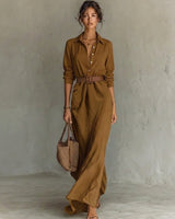 Lena | Damen Langarm-Maxikleid fließend tailliert mit Gürtel in Khaki