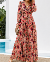 Damen Langarm Maxikleid mit V-Ausschnitt und gestuftem Rock mit Blumenmuster in Rosa