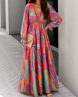 Damen Langarm Maxikleid mit V-Ausschnitt und gestuftem Rock mit Blumenmuster in Dunkelrosa